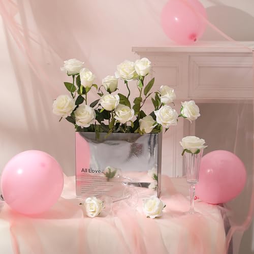 Hawesome 12PCS Artificial Silk Flowers Realistic Roses Bouquet Long Stem for Home Wedding Decoration Party (White, 6 Flowers 6 Buds)