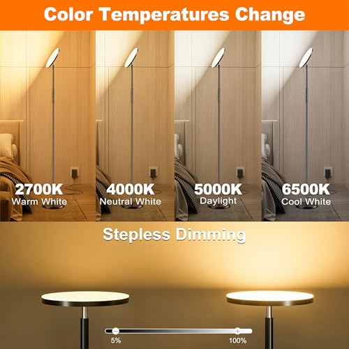 Super Bright Floor Lamp for Living Room, Stepless Dimmable LED Standing Lamp with Remote and Touch Control, 69” Tall Torchiere Corner Lamp for Bedroom Office Hotel, Black