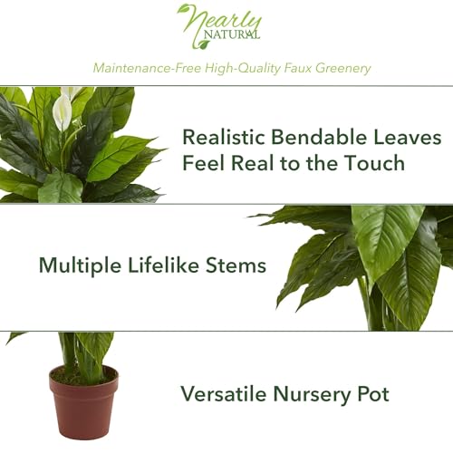 Nearly Natural 42in Artificial Peace Lily Plant with Real Touch Silk Leaves and White Flowers for Indoor Home Decor and Faux Greenery