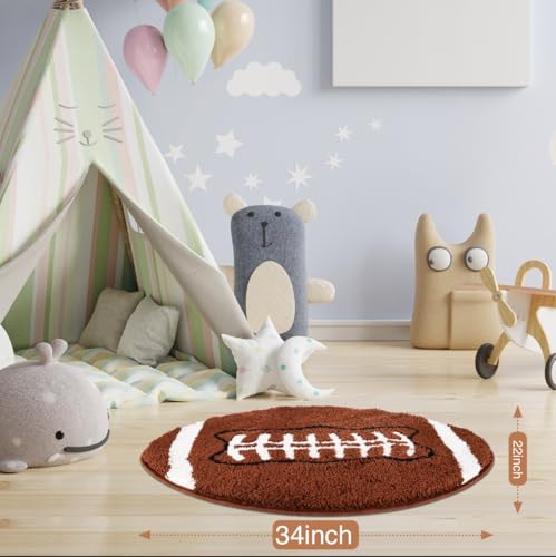Cute Football Rug for Boys Room 34”x22” Soft Sports Carpet for Kids Bedroom Decor Non Slip Washable Playroom Area Rug Fun Touchdown Mat Plush Athlete Themed Gift