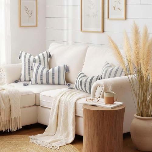 Smile Bee Spring Boho Outdoor Throw Pillow Covers Set of 2, Decorative Woven Striped Pillow Covers with Tassels for Couch Bed Sofa, 18x18 Inch, Navy Blue and Cream White