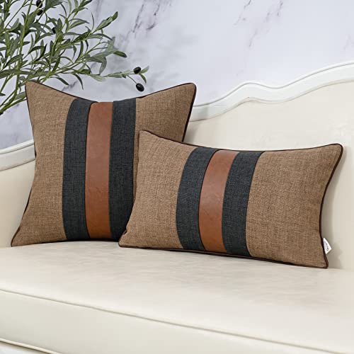 Yangest Patchwork Pillow Cover 12x20 Inch Luxury Cotton and Linen Cushion Cover Faux Leather Pillowcover for Couch Bedroom Living Room, Brown