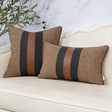 Yangest Patchwork Pillow Cover 12x20 Inch Luxury Cotton and Linen Cushion Cover Faux Leather Pillowcover for Couch Bedroom Living Room, Brown