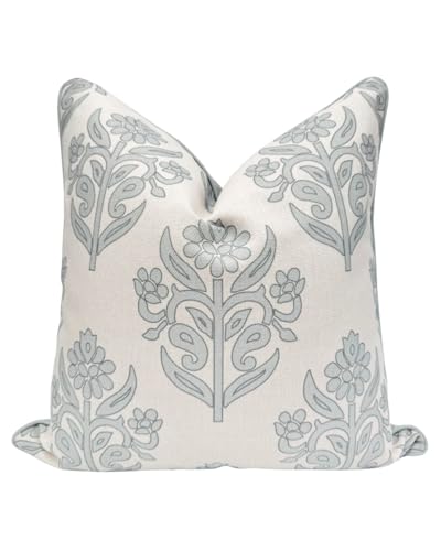 Jillien Harbor “The Naples” Floral Block Print Pillow Cover – Grey and White Blue Decorative Throw Pillow Cover – Grandmillennial Home Decor, 20" x 20"