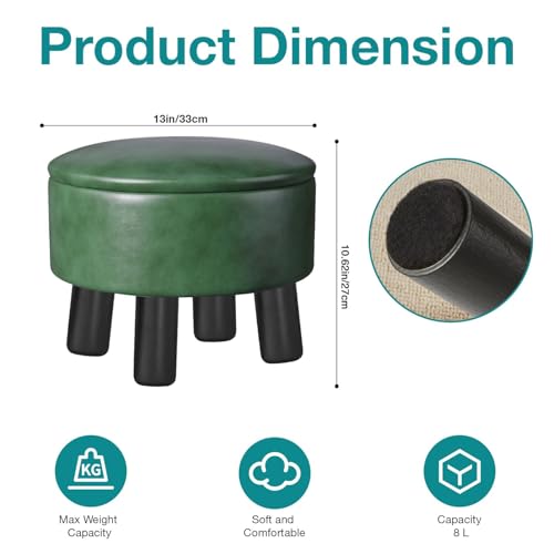 Small Foot Stool Ottoman with Storage, Faux Leather Ottoman Foot Rest for Couch, Round Footstool Ottomans for Living Room (Green)