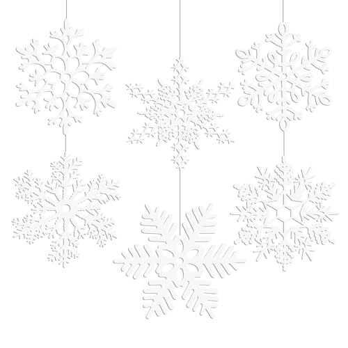 MIAHART 12 inches Large White Snowflakes Ornaments 6 Pack Big Plastic Glitter Snowflake Ornaments for Christmas Tree Winter Indoor Outdoor Window Giant Craft Hanging Snowflakes Decorations