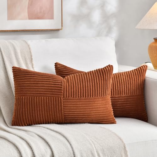 Fancy Homi Rust Lumbar Decorative Throw Pillow Covers 12x20 Inch for Couch Bed Sofa, Rustic Farmhouse Boho Home Decor, Soft Striped Corduroy Rectangle Accent Terracotta Cushion Case 30x50 cm