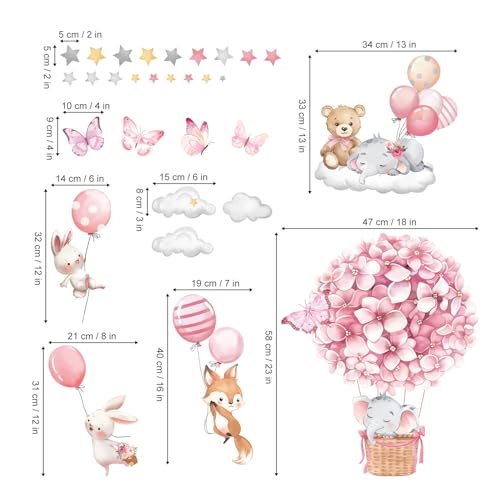 decalmile Animals Hot Air Balloon Wall Decals Flowers Balloons Elephant Bear Wall Stickers Baby Nursery Girls Bedroom Toddler Room Wall Decor