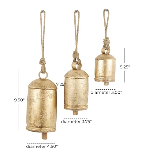Deco 79 Metal Tibetan Inspired Decorative Cow Bells with Jute Hanging Rope, Set of 3 10", 7", 5"H, Gold