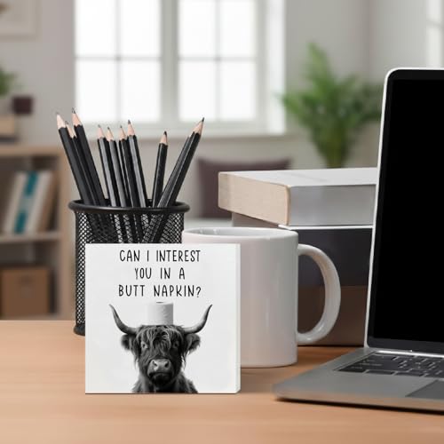 Funny Highland Cow Bathroom Decor, Can I Interest You in A Napkin Wooden Box Sign, Cute Cow Bathroom Accessories Restroom Decor, 5×5 Inches