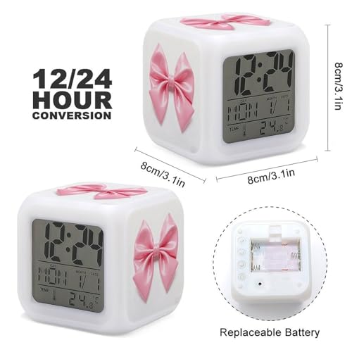 Pink Bow Alarm Clock Night Light Alarms for Bedroom Smart Digital Alarm Clock LED Display Clocks with 7 Colorful Ambient Lights Sleep Timer for Heavy Sleepers Simple Operation