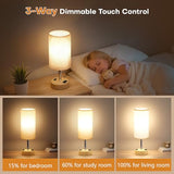 Bedside Table Lamp for Bedroom, 3-Way Dimmable Nightstand Lamp with USB C, USB A Ports & AC Outlet, Small Table Lamp Fabric Shade for Living Room Dorm Office, LED Bulb Included (14in Wood Grain)