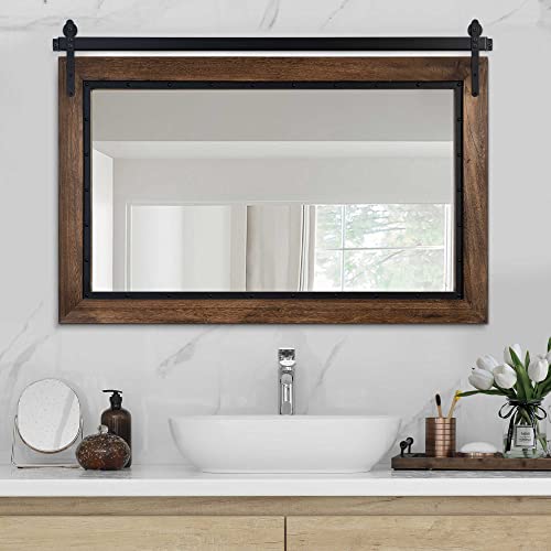 YOSHOOT Farmhouse Barn Door Mirror, 40"x26" Rustic Bathroom Mirrors, Wood Frame Wall Mounted-Mirror, for Living Room Bedroom Entryway Wall Décor, Horizontal Hanging ONLY