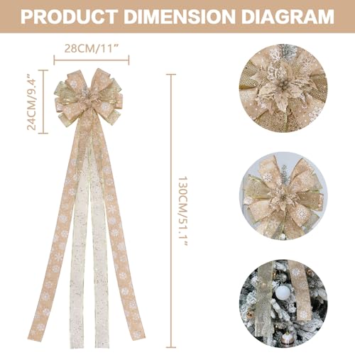 Christmas Tree Topper, Bow Large Christmas Bow Tree Topper, for Xmas Ornament Holiday Home Wedding Thanksgiving Indoor/Outdoor Decoration (Gold)
