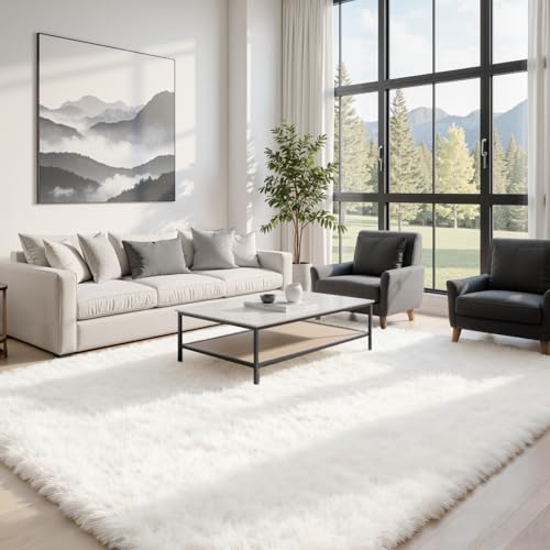 5x7 Fluffy Shag Area Rugs for Living Room Bedroom: Soft Plush Carpet White