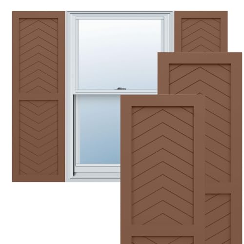 18"W x 36"H True Fit PVC Two Panel Chevron Modern Style Fixed Mount Shutters, Burnt Toffee (Per Pair - Hardware Not Included)