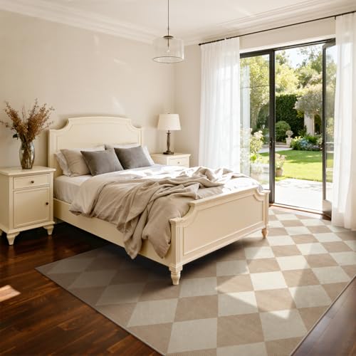 Checkered Print Living Room Rugs 8x10, Moroccan Beige Washable Area Rug 8X 10 Non Slip Soft Bedroom Carpet, Geometric Plaid Aesthetic Decor Ultra Thin Large Carpet for Dining Room Office