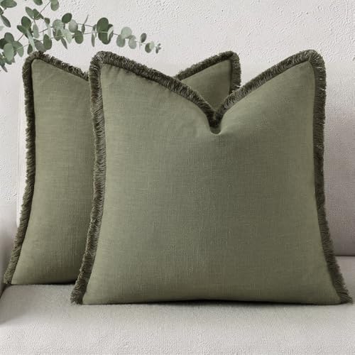 decorUhome Linen Fringe Olive Green Throw Pillow Covers 16x16 Set of 2