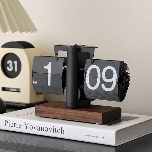 VBESTLIFE Retro Digital Flip Down Clock, Battery Powered Internal Gear Operated Clock, Classic Mechanical, Black Walnut Base, for Home & Office Decor(Black)