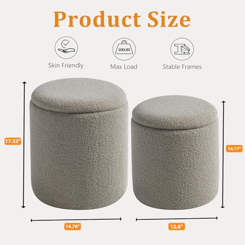 Round Ottoman with Storage Set of 2 Gray Sherpa Vanity Stool