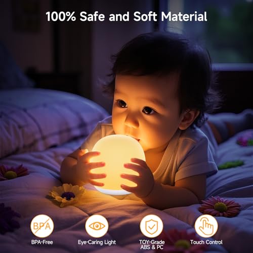 Baby Night Light, Nursery Night Lamp with 8 RGB Colors Changing, Soft BPA Free Silicone Touch Night Light for Kids Room Breastfeeding, 1h Timer, Rechargeable & Stepless Dimming