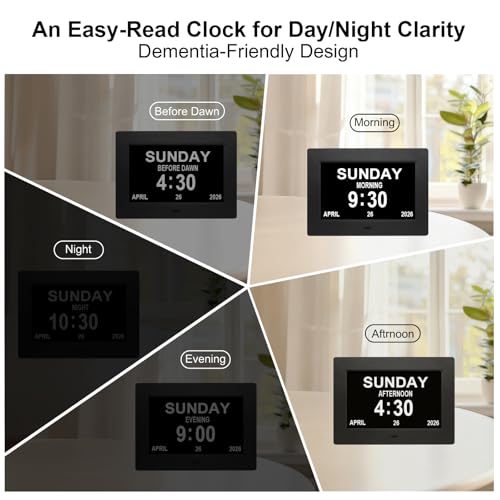 Digital Calendar Alarm Day Clock for Senior, Dementia Clock with HD Screen, Remote Control, Adjustable Brightness, Multiple Alarm Options, Alarm Clock Ideal for Alzheimers & Memory Loss