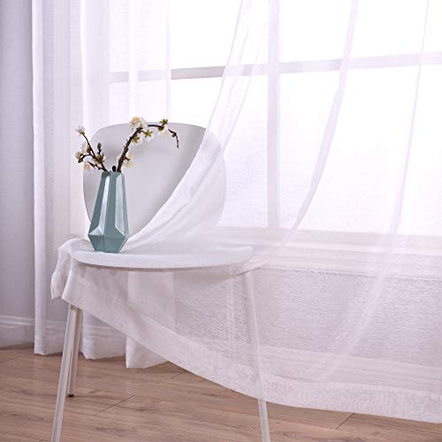 White Sheer Curtains 84 Inches Long Set 2 Panels Grommet Pair Faux Linen Semi Transparent Drape Tulle Gauze Voile Window Sheer Curtains for Bedroom Living Room Dining Wide 52 Length Solid Pack