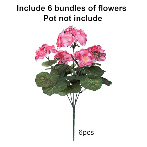 Artificial Geranium Fake Flowers for Outdoors Decoration, 6 Bundles Silk Geraniums Pink Flower UV Resistant Look Real Faux Plants for Outside Planter Front Door Garden Porch Patio Balcony Yard Home