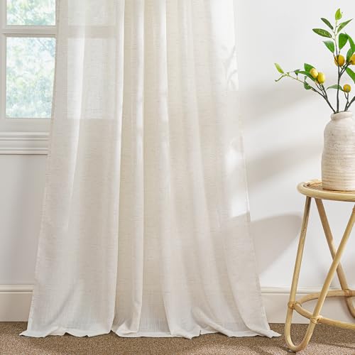 NICETOWN Sheer Linen Curtains 96 Inch Length for Bedroom Living Room 2 Panels, Ivory Rod Pocket & Back Tab Semi Sheer Drapes Privacy Semitransparent Farmhouse Window Treatment, W52 x L96