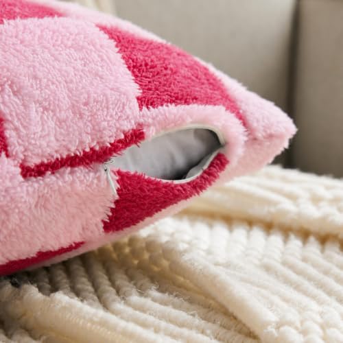 Ohocut Checkered Jacquard Shag Throw Pillow Covers, Pack of 2 Fluffy Double Pink Cute Decorative Aesthetic Soft Checkered Throw Pillow Cases for Couch Sofa Bedroom,20x20 Inch