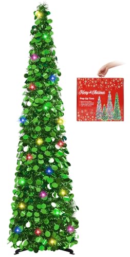 MACTING Pop Up Christmas Tree with 50 LED Lights 5FT Collapsible Tinsel Pencil Tree Easy-Assembly Coastal Glitter Artificial Tree for Porch Apartment Corner Home Party Indoor Xmas Decorations,Green
