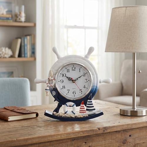 TOYANDONA Mediterranean Style Wooden Desktop Clock Creative Nautical Swim Ring Pendulum Design Silent Mute Clock for Living Room Table Decor