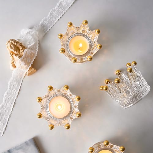 Vixdonos Crown Glass Tealight Candle Holder Set of 12 Votive Candle Holders for Wedding, Party and Home Decor (Gold Tips)