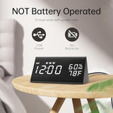 JALL Wooden Digital Alarm Clock for Bedrooms and Office, 3 Alarms with Large Numbers, Humidity and Temperature Display, 6-Level Dimmer, Snooze, Loud Desk Clock for Heavy Sleepers, Plug in (Black)