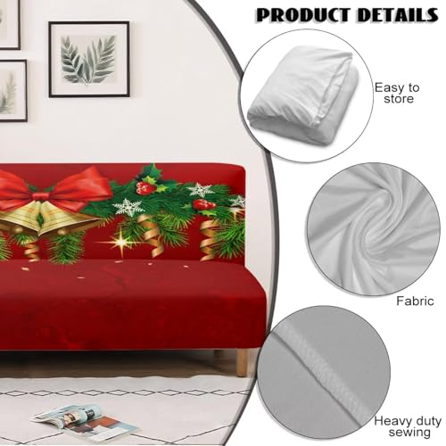 Christmas Jingle Bell Bow Tie Armless Sofa Slipcovers Futon Cover Stretch Fabric Sofa Couch Bed Covers Furniture Protectorfor Kids Pets Dog and Cat
