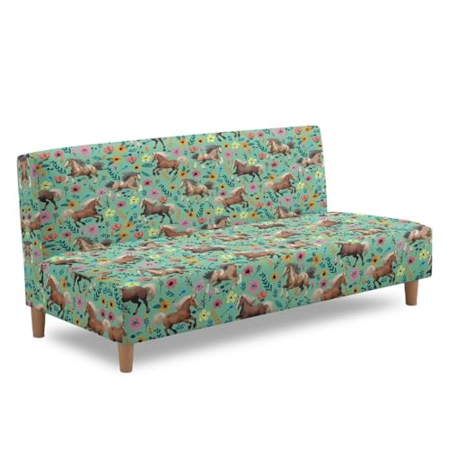 Horse Flower Easy-Going Stretch Futon Slipcover Armless Futon Bed Cover Furniture Protector Without Armrests with Elastic Bottom for Kids