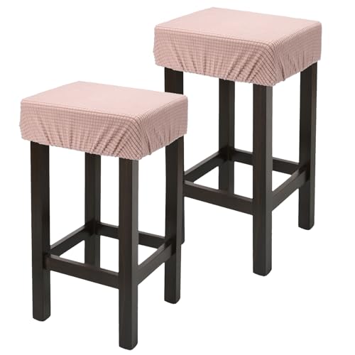 uxcell 2 Pcs Seat Covers for Dining Chairs, Bar Stool Covers Stretch Chair Seat Protector Waterproof Saddle Stools Slipcover with Elastic Band for Kitchen Bar, Textured Fleece Light Pink