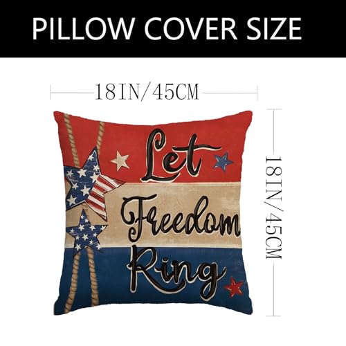 Patriotic Pillow Covers 18x18 Inch,4th of July Red White Blue Summer Outdoor Throw Pillow Covers Set of 4,Independence Memorial Day USA Flag Retro Fourth of July Cushion Case for Sofa Couch Decor