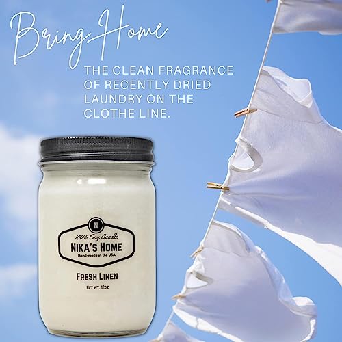 Nika's Home Fresh Linen 12oz Mason Jar Soy Candles - 2 Pack - Hand Poured Handmade, Long Burning 50-60 Hours Highly Scented All Natural, Clean Burning Large Candle Gift Home Décor