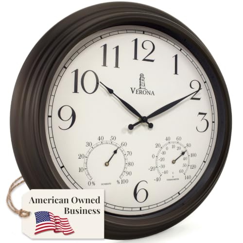 18 inch Outdoor Clocks for Patio Large Waterproof with Thermometer - Black Indoor Outdoor Clock with Temperature and Humidity for Wall - Weatherproof, Accurate & Easy to Read for Pool, Patio & Garden
