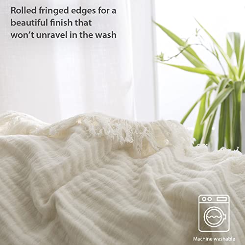 Simple&Opulence Cotton Muslin Throw Blanket for Bed, Couch, Knit Woven Gauze Blanket with Tassels, Soft Lightweight Cozy Pre-Washed Breathable Farmhouse Decoration for All-Season (Cream)