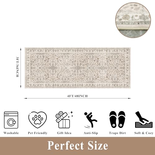 3x8 Hallway Runner Rug Washable Non-Slip – Boho Floral Soft Wide Carpet Runner for Kitchen Entryway Bathroom Bedroom – Low-Pile Thin Floor Mat with Rubber Backing (Beige,3x8)