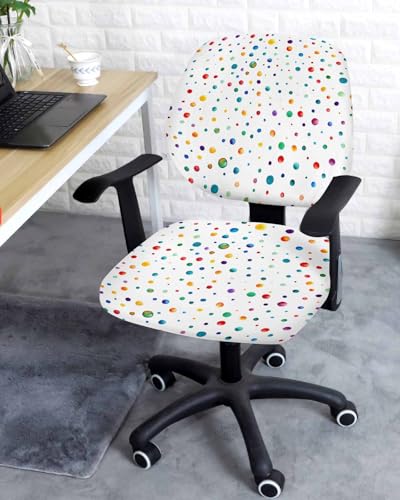 Colorful Polka Dot Office Chair Cover Stretchable Computer Chair Seat Cover Backrest Slipcovers, Stretchable Rotating Desk Chair Seat Cushion Split Protectors Watercolor Polka Dots White