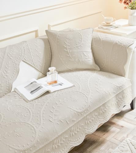 Leaf Floral Cotton Quilted Dog Couch Cover for Sofa Farmhouse Rustic Embroidered Sectional Couch Cover Soft Anti-Slip Sofa Slipcover Furniture Protector for Kids, Pets (Beige,28"x28")