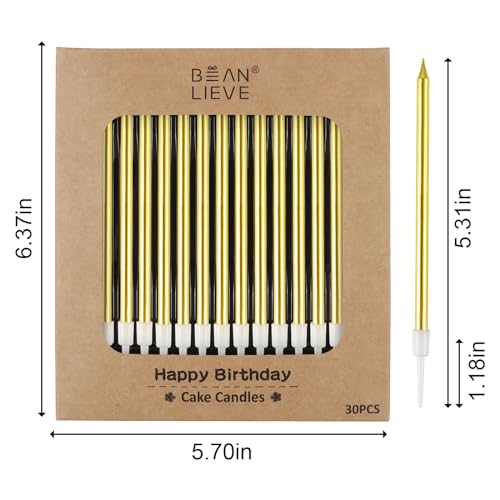 BEAN LIEVE 30-Count Gold Long Thin Metallic Birthday Candles, Cake Candles, Birthday Parties, Wedding Decorations, Party Candles, Cake Decorations