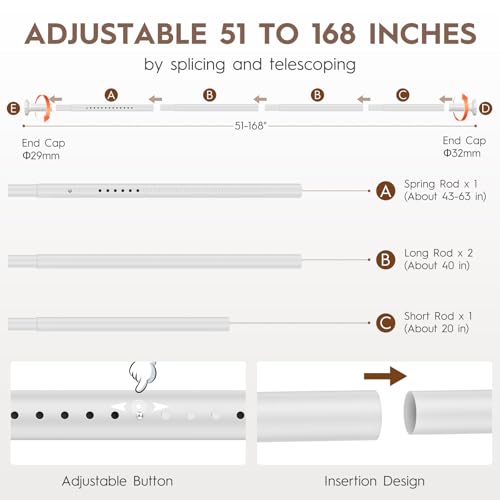 Tension Curtain Rod 51-168 In (4-14 Ft), Extra Long Curtain Rods No Drilling for Window Treatment Rods, Adjustable Heavy Duty Tension Rod, Outdoor Curtain Rods for Patio, Never Rust, White