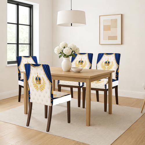 HOMETITUTE High Stretch Chair Covers for Dining Chairs Washable Dining Chair Covers Set of 4 Soft Kitchen Seat Cover Royal Blue Gold Crown for Home Hotel Restaurant Banquet