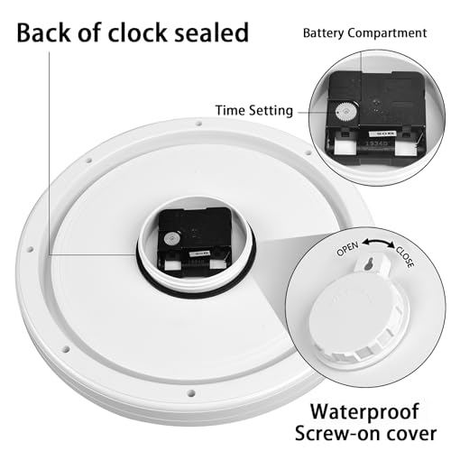Caysie 11 Inch Sealed Indoor Outdoor Waterproof Wall Clock, Durable Silent Non-Ticking Battery Operated Quality Quartz Round Clock, Wall Decorative for Patio, Pool, Bathroom (White)