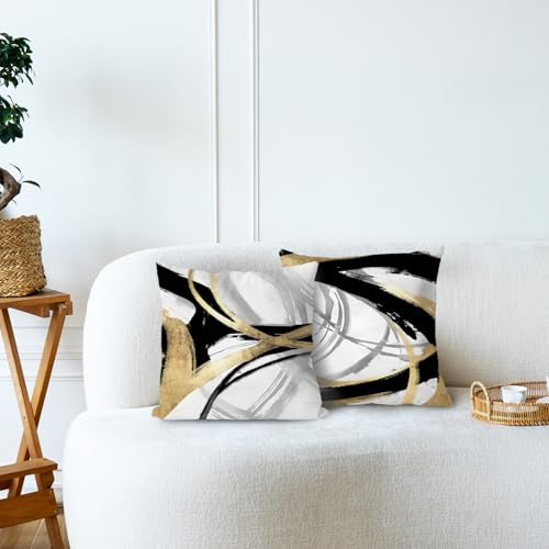 Black White and Gold Pillow Covers, Abstract Black and Gold Pillow Covers 18x18 Set of 2, Modern Boho Home Decor, Black and Gold Decorative Throw Pillows Cover for Couch Living Room Bedroom