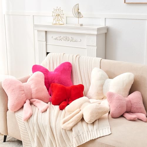 Pink Bow Pillow,12'' Bow Shaped Pillow with Faux Rabbit Fur,Soft Bow Throw Pillows Aesthetic Bow Decorative Pillows for Bed Sofa Couch Home Decor